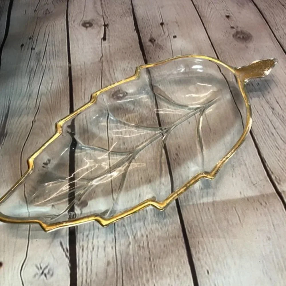 vintage glass relish dish gold edged leaf